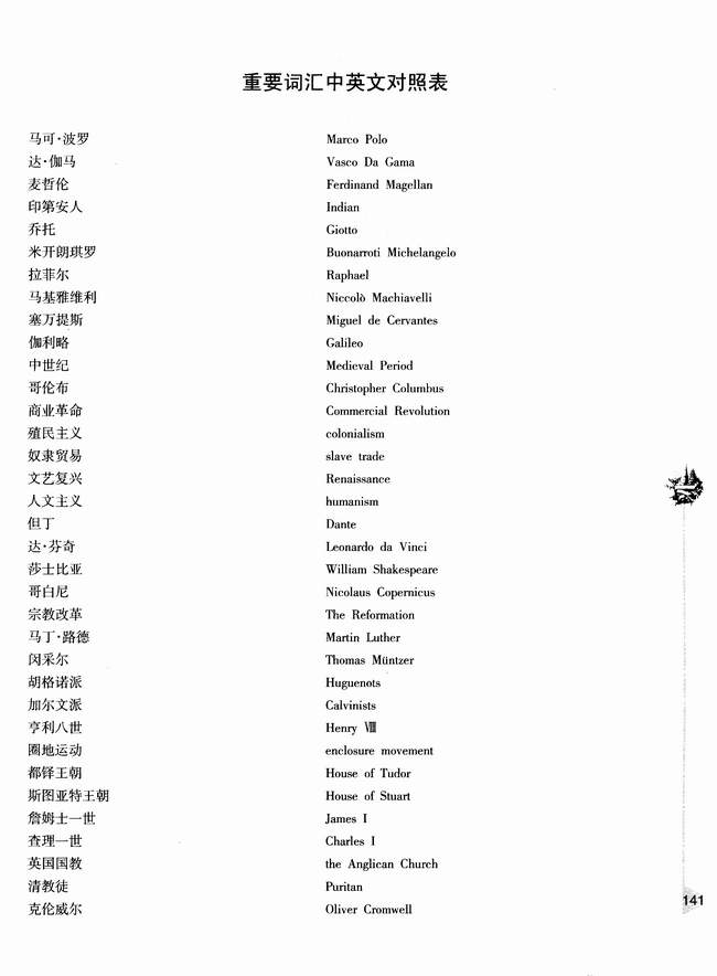 重要词汇中英文对照表(第141页)