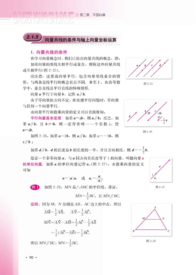 2.1.5 向量共线的条件与轴上向量坐标运算(第90页)