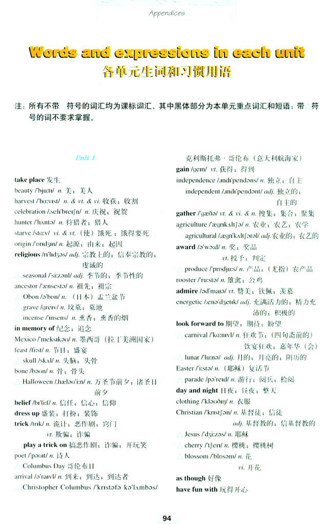 Words and expressions in each unit(第94页)