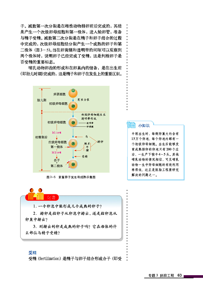 3.1 体内受精和早期胚胎发育(第63页)