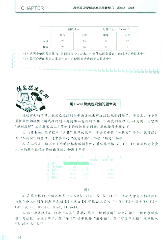 信息技术应用 用Excel解线性规划问题举例(第94页)