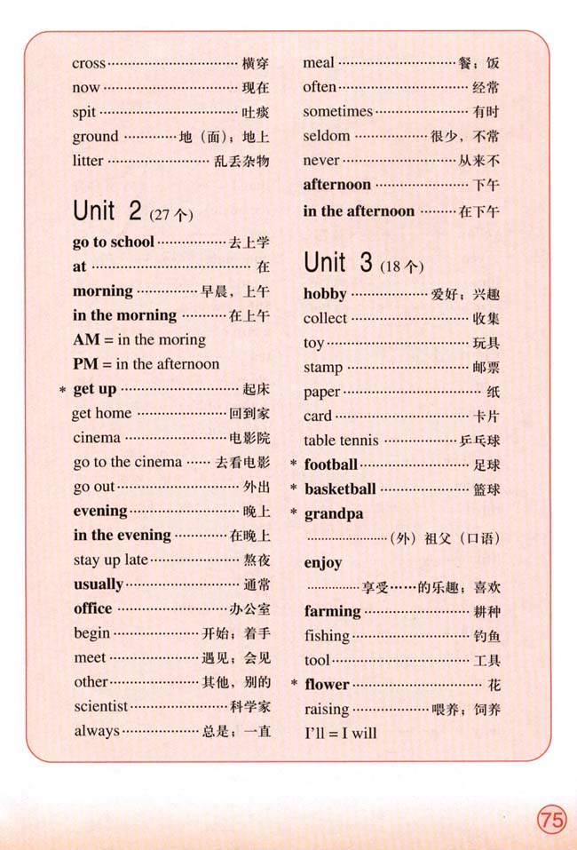 Words in Each Unit（单元词汇表）(第75页)