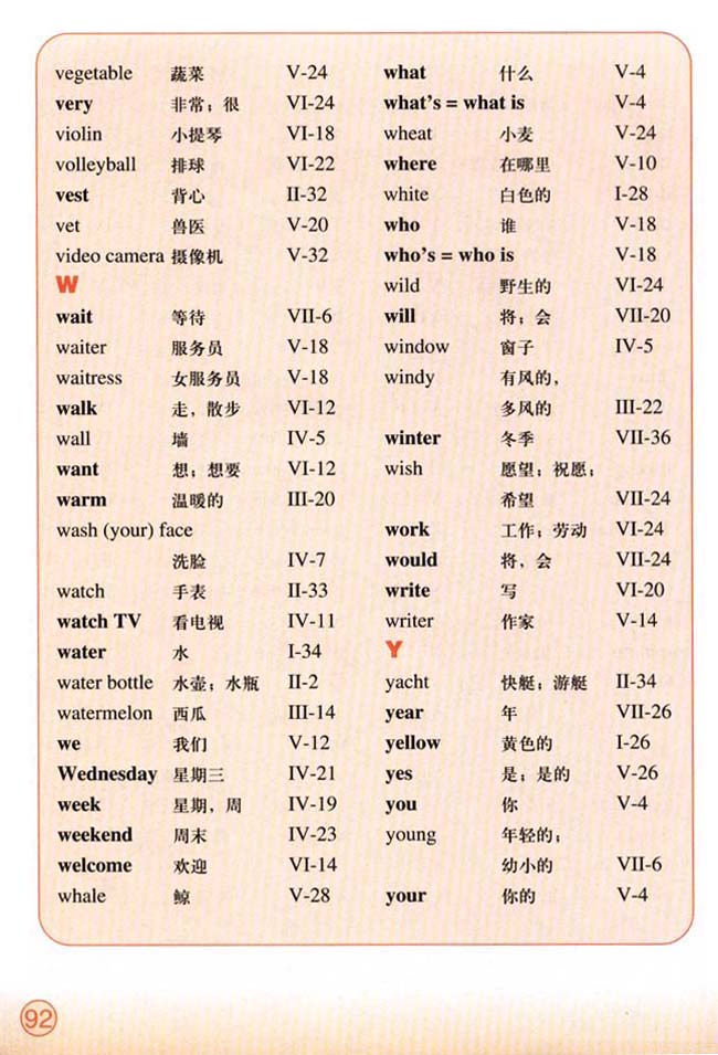 Vocabulary（词汇表）(第92页)