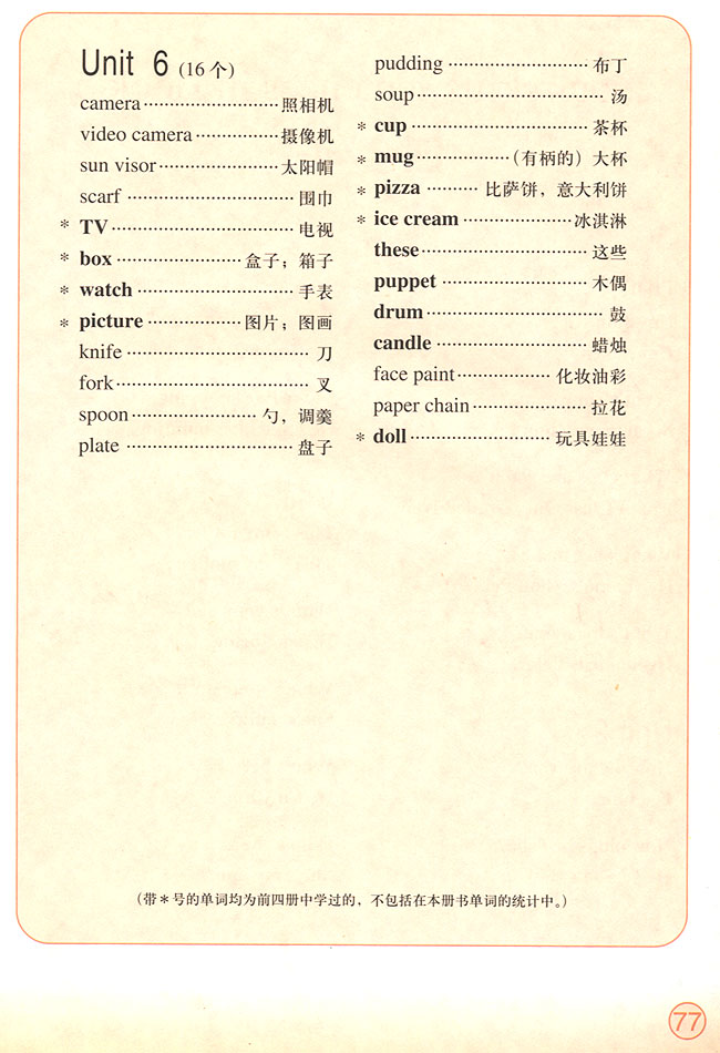 Words in Each Unit（单元词汇表）(第77页)